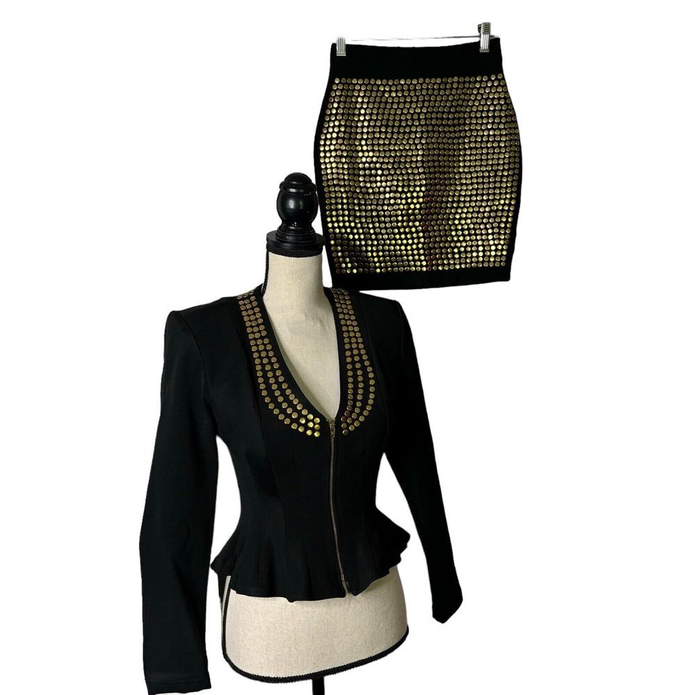 John Murrough Skirt Set‎ Women Large Black Gold Studded Mini Skirt Fitted Jacket